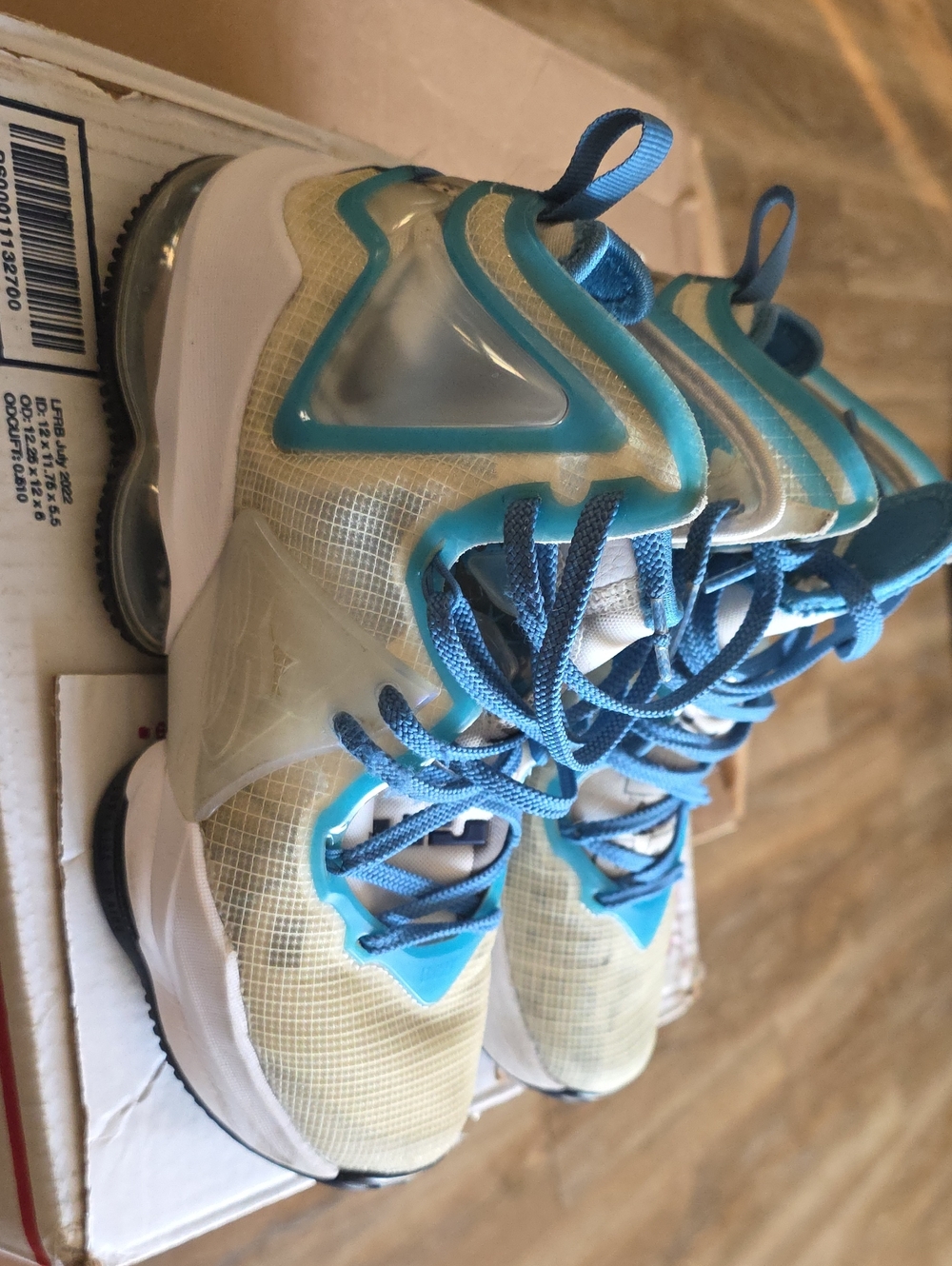 Used Youth Lebrons Size 5.5 Blue and Cream Sneakers No Box In Good Condition